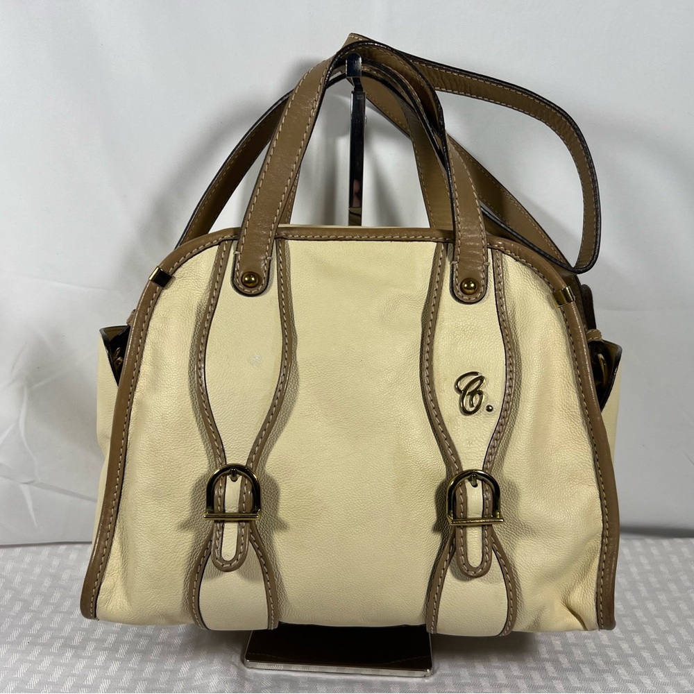 3027: Chloé Leather Boston Satchel Cream Tan Shoulder Bag w/contrast trim
